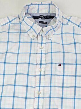 Tommy Hilfiger Custom Fit White Aqua Pink Blue Check Size Large Mens Button Down